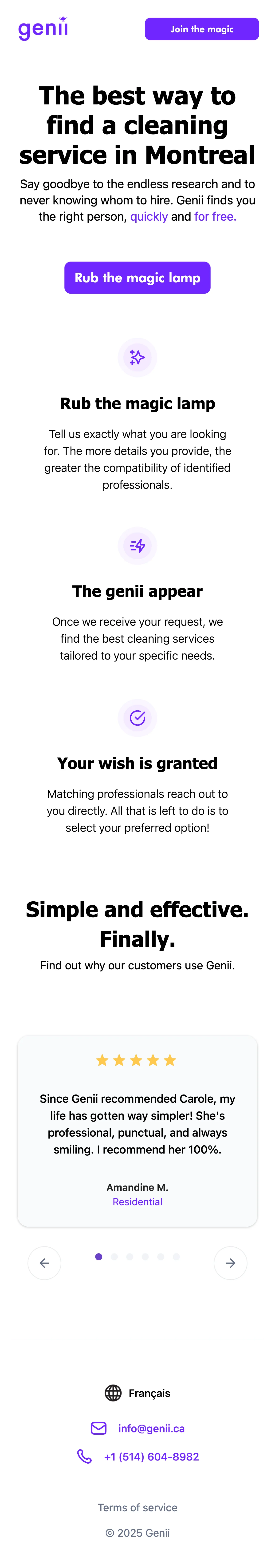 The Genii website on a phone. Its home page leads to the cleaning request form, and its two-sided page to the pro page and the pro application.
